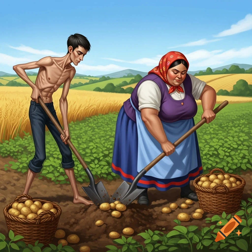 An illustration of a very skinny man and an obese woman digging potatoes in a field. Baskets of potatoes are on the ground.