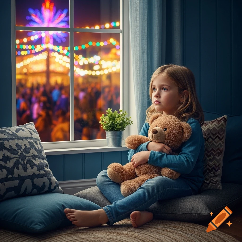 A young girl with blonde hair sits in a blue room, hugging a teddy bear, and sadly gazes out a window at a vibrant, blurry night festival.