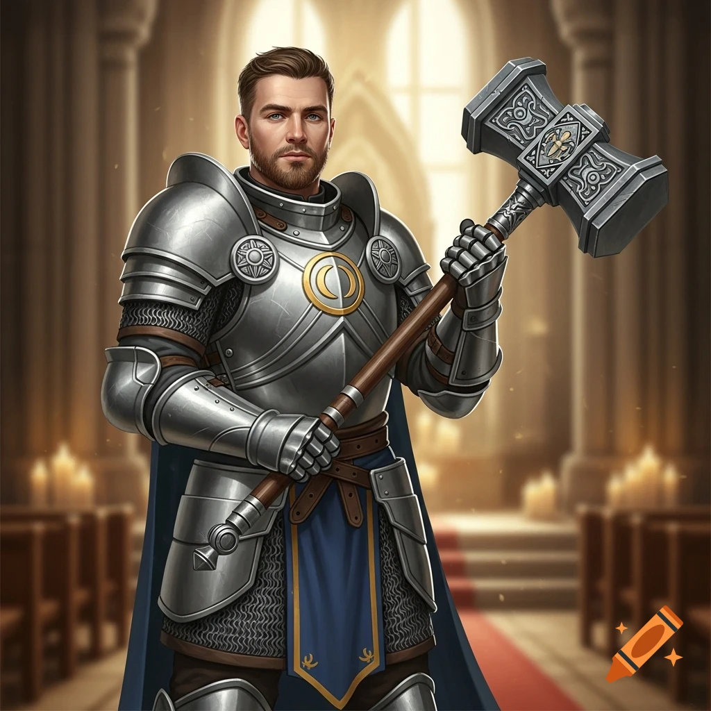 A male knight in shining silver armor with a blue cape stands in a church, holding a large warhammer.