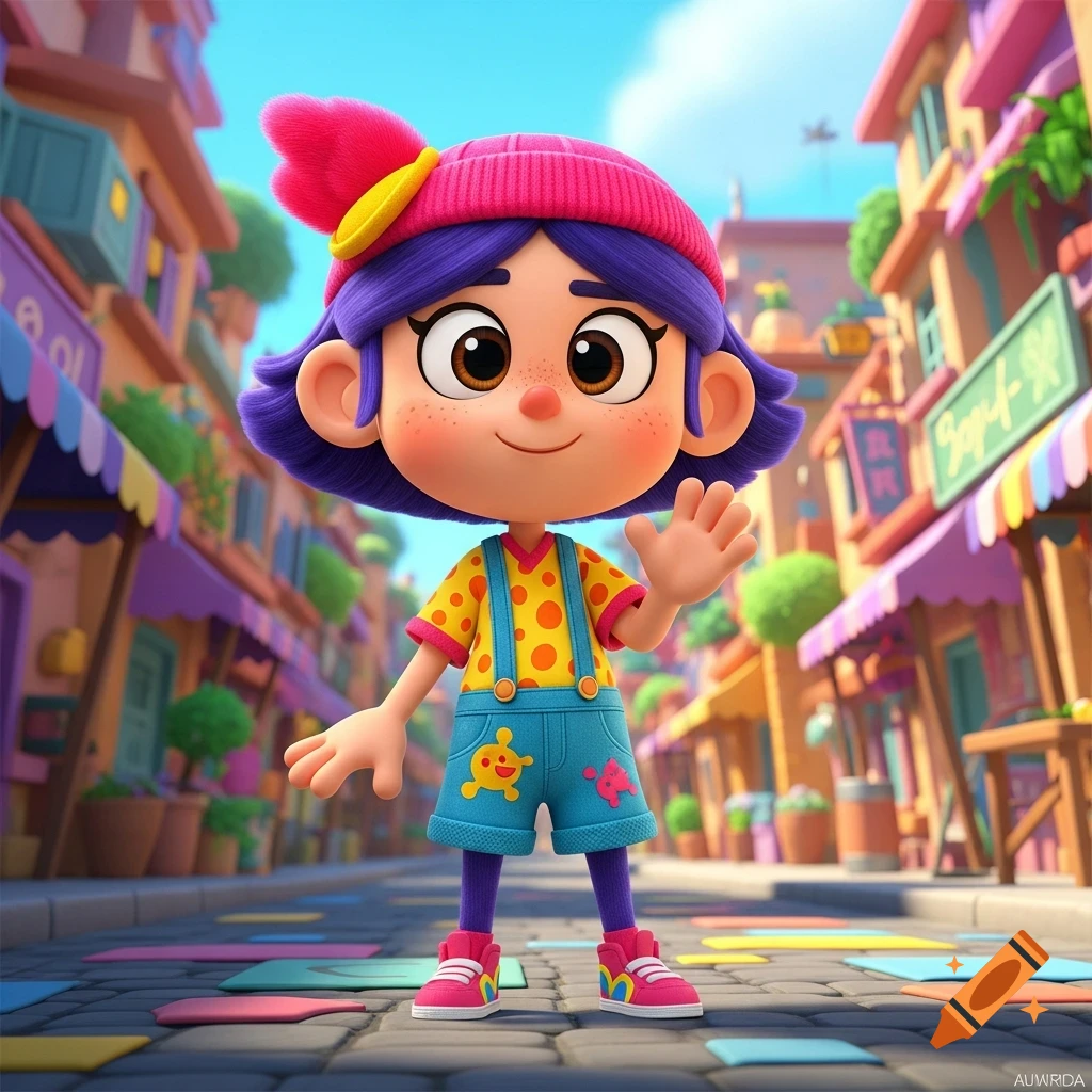 A cheerful cartoon girl with purple hair and a pink beanie, wearing a yellow polka dot shirt and blue overalls, waves in a vibrant street.