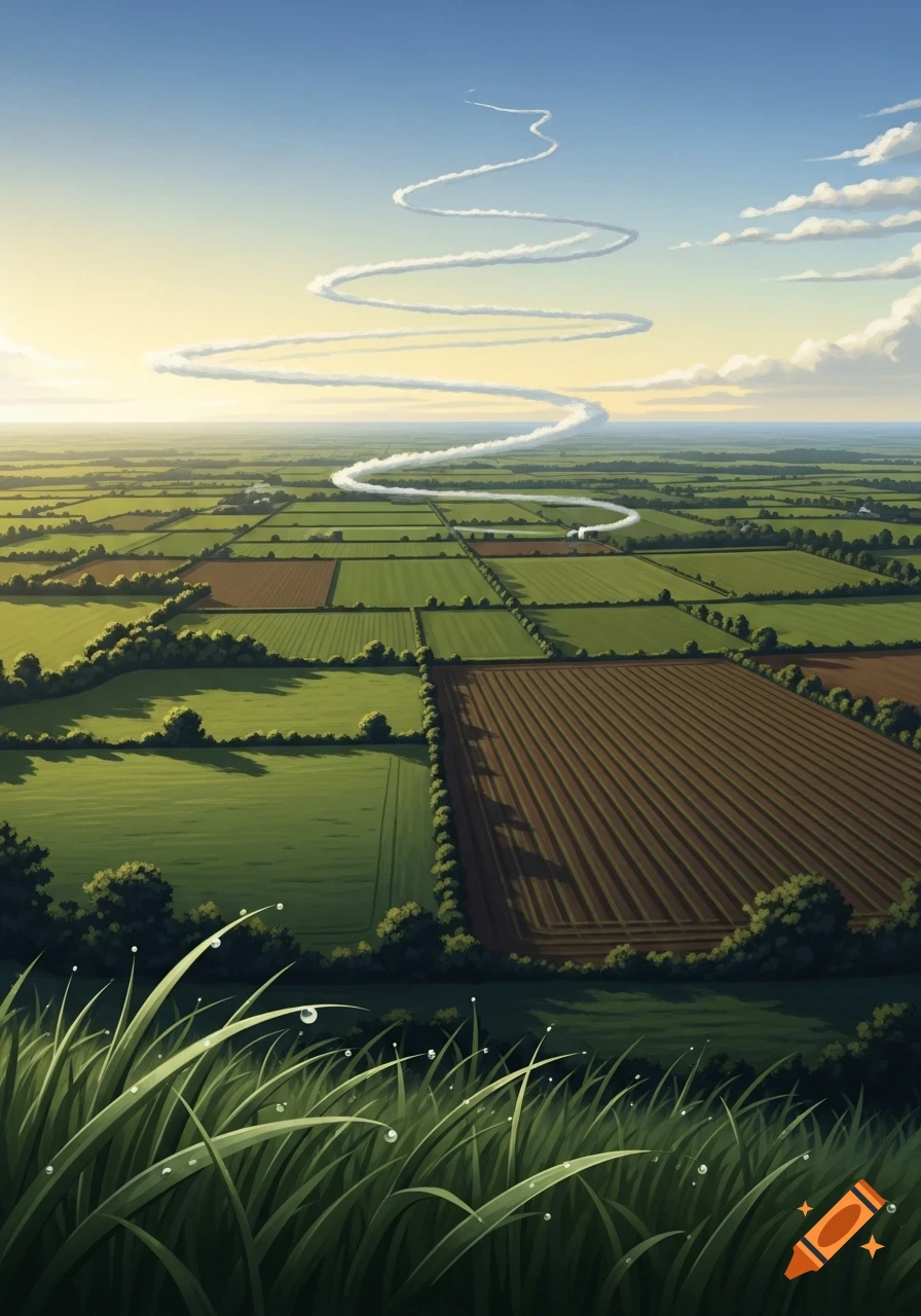 A stylized view of vast green farmland under a blue sky, with a white ribbon of smoke winding upwards, and dewy grass in the foreground.