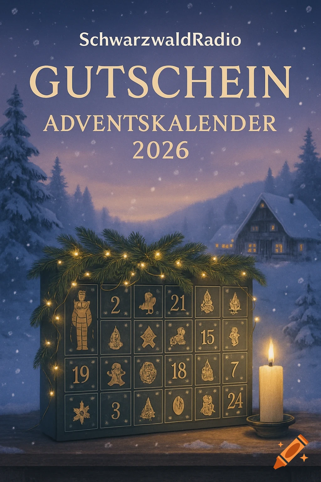 A festive advent calendar with "SchwarzwaldRadio GUTSCHEIN ADVENTSKALENDER 2026" text, string lights, and a lit candle in a snowy scene.
