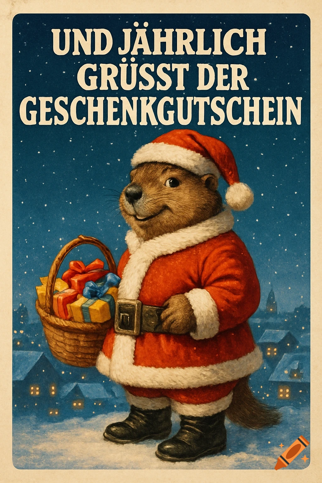 A retro illustration of a smiling marmot in a Santa suit holding a gift basket in a snowy village, with German text above.
