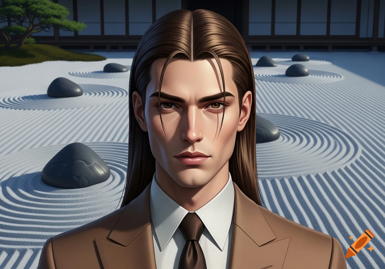 A man with long, center-parted brown hair in a suit and tie, against a Japanese rock garden with raked white gravel.