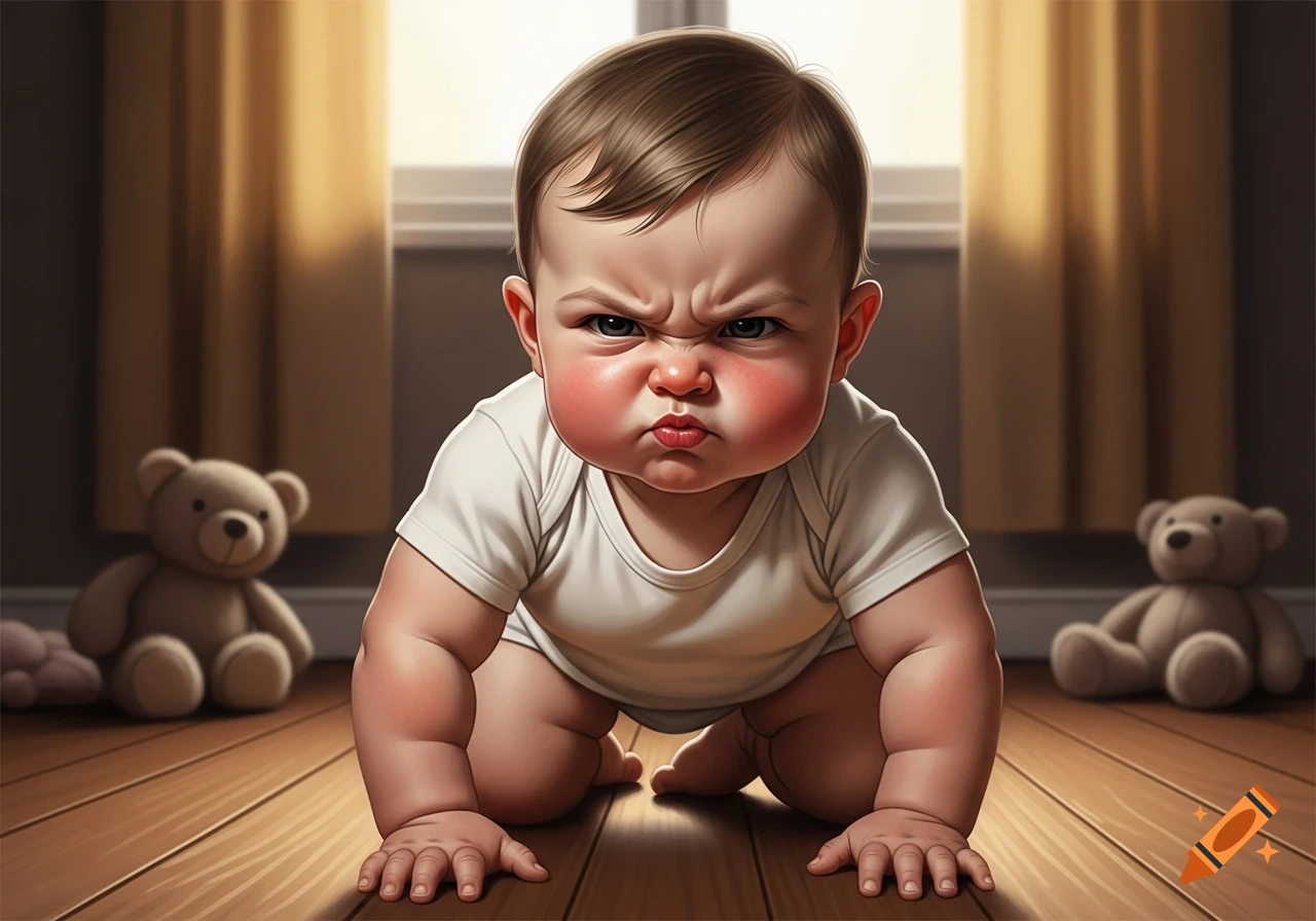 A realistic angry baby with muscular arms crawls on a wooden floor, with teddy bears in the background.