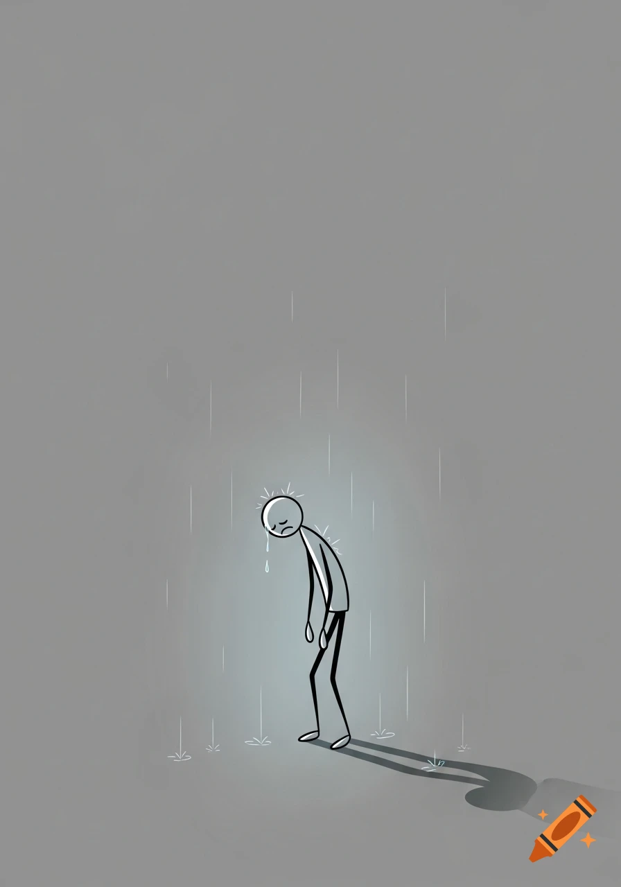 A simple illustration of a depressed stick figure with head bowed, crying while standing in the rain on a grey background.