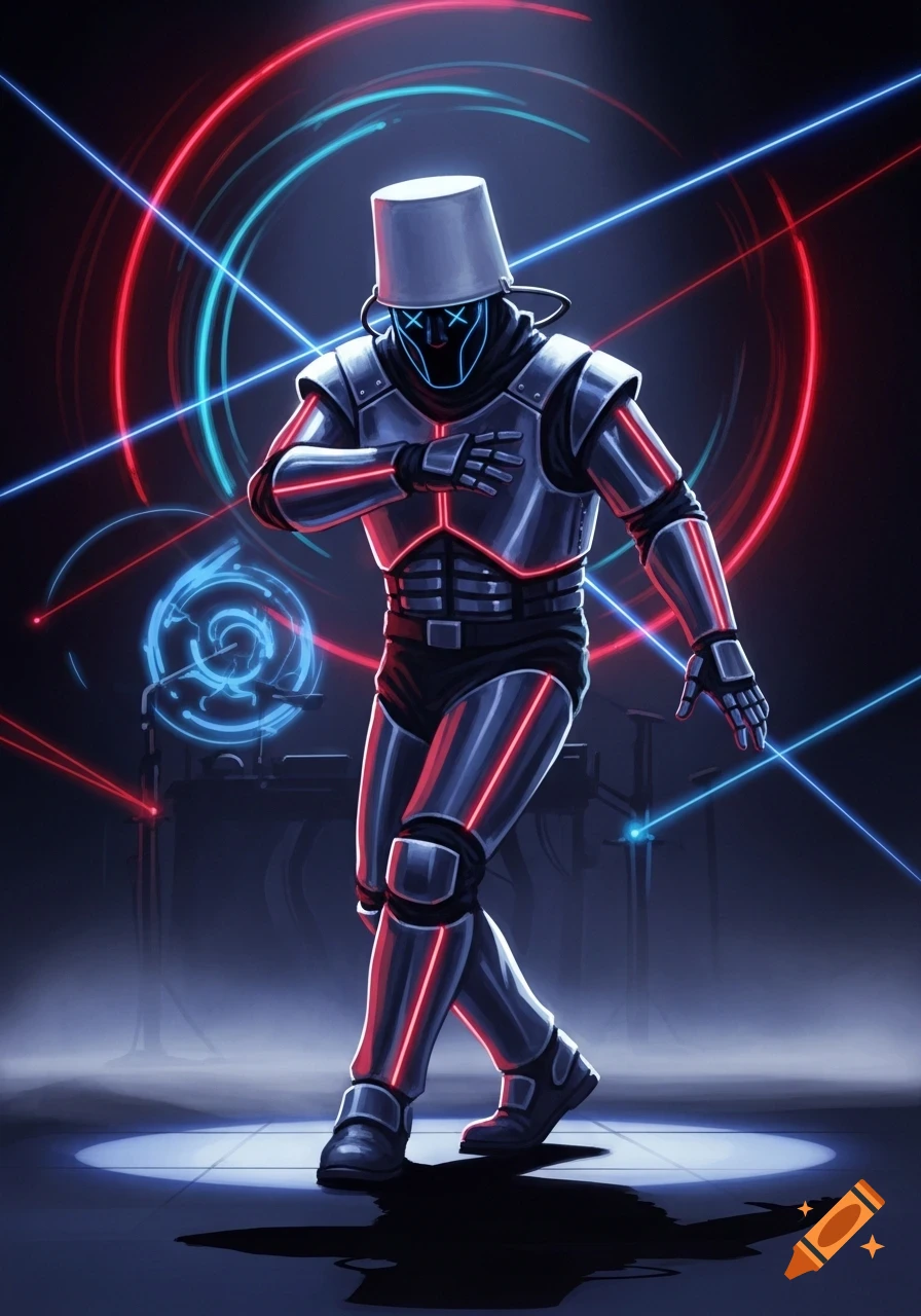 A robot-like figure with a white bucket on its head does the robot dance on a dark stage illuminated by neon red and blue laser lights.