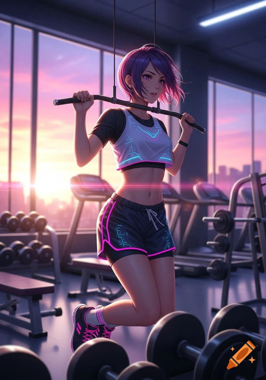 Anime girl in a gym doing pull-ups, wearing a neon crop top and shorts, with a vibrant sunset outside the windows.