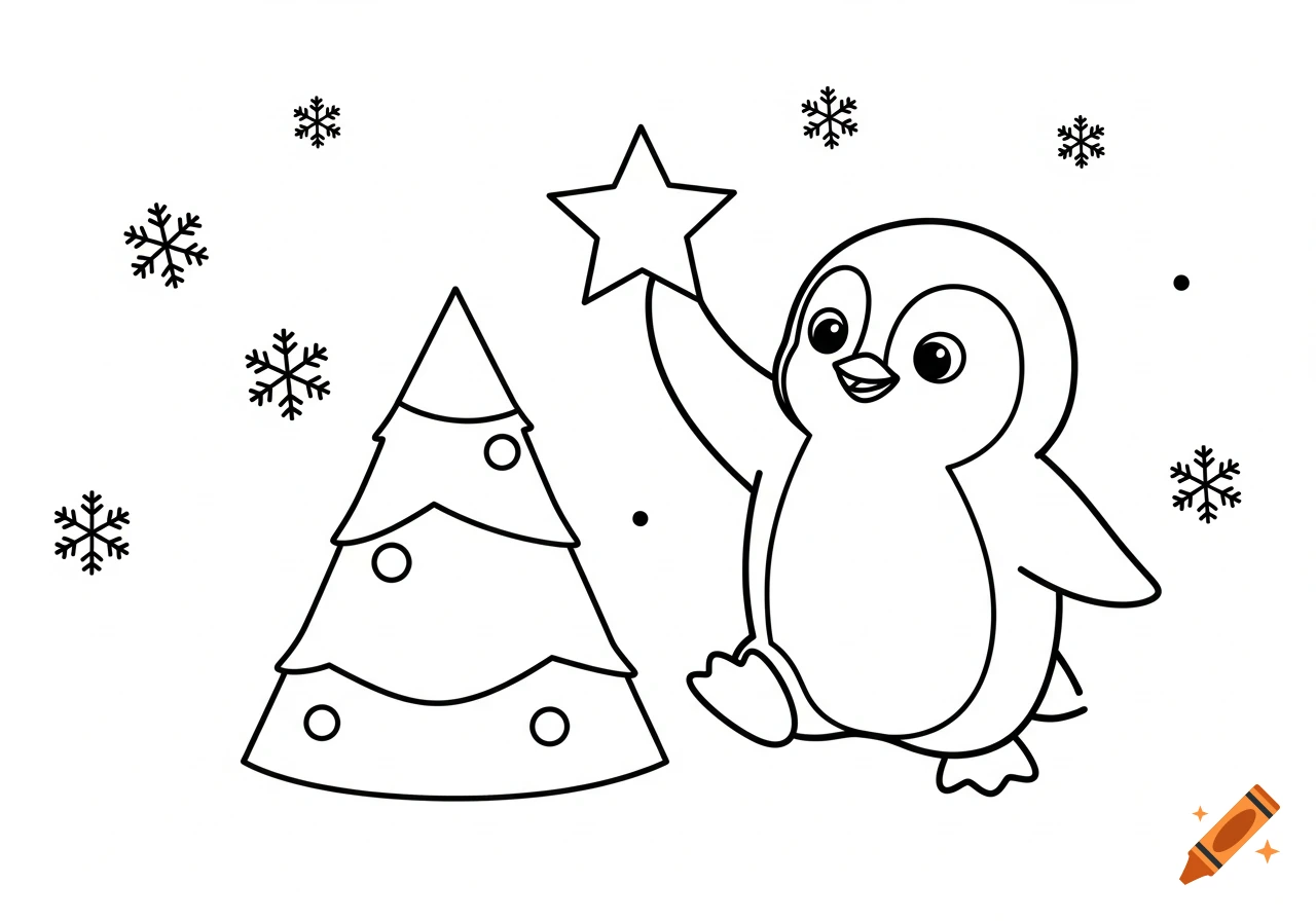 Black and white outline drawing of a happy cartoon penguin putting a star on top of a Christmas tree with snowflakes.