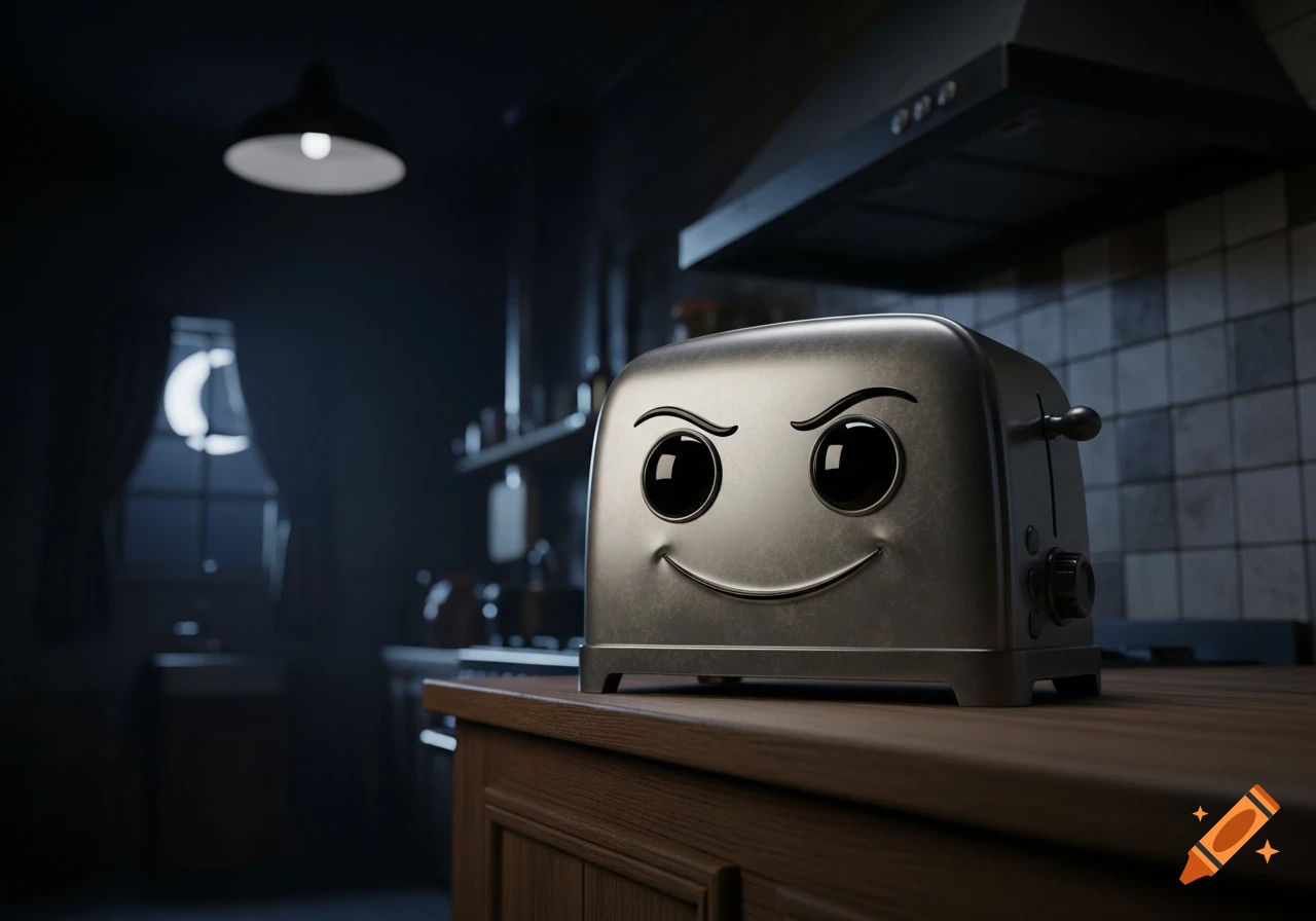 A cartoon toaster with a sneaky smile and big black eyes sits on a wooden cabinet in a dimly lit kitchen.