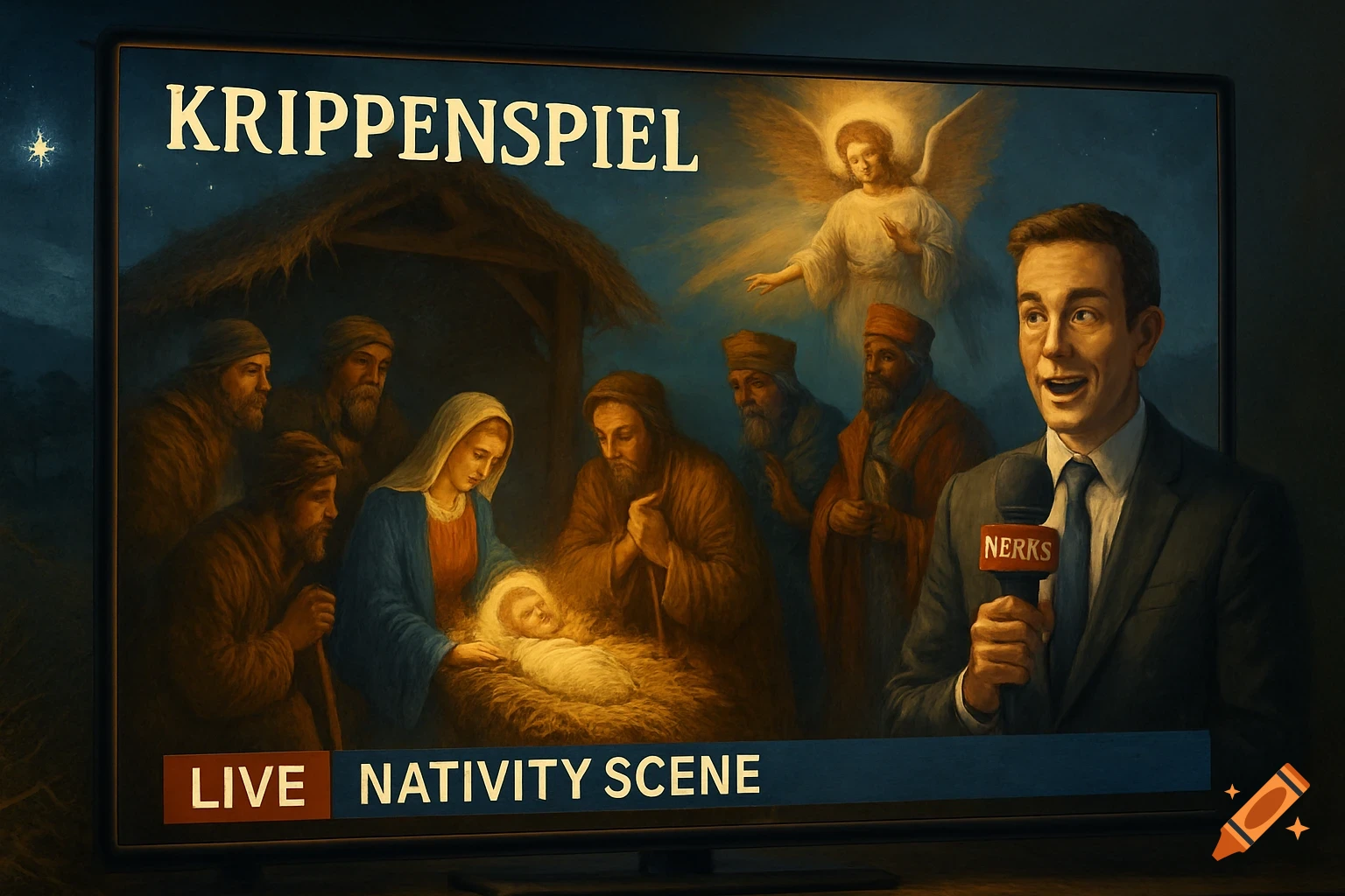 A news reporter holds a microphone in front of a TV screen showing a painted Nativity scene with Mary, Joseph, baby Jesus, and an angel.