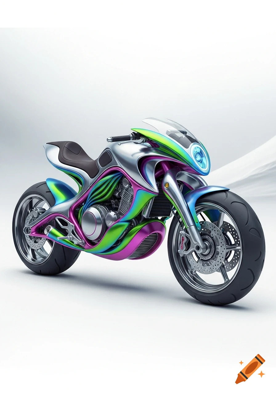 A futuristic, vibrant motorcycle with organic, flowing iridescent bodywork in greens, blues, and pinks on a clean white background.