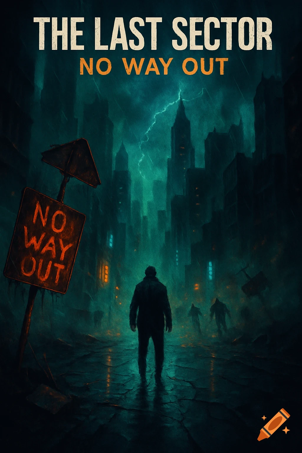 A lone figure faces a dark, rainy, dystopian city street under lightning, with a 'NO WAY OUT' sign. Text: THE LAST SECTOR NO WAY OUT.