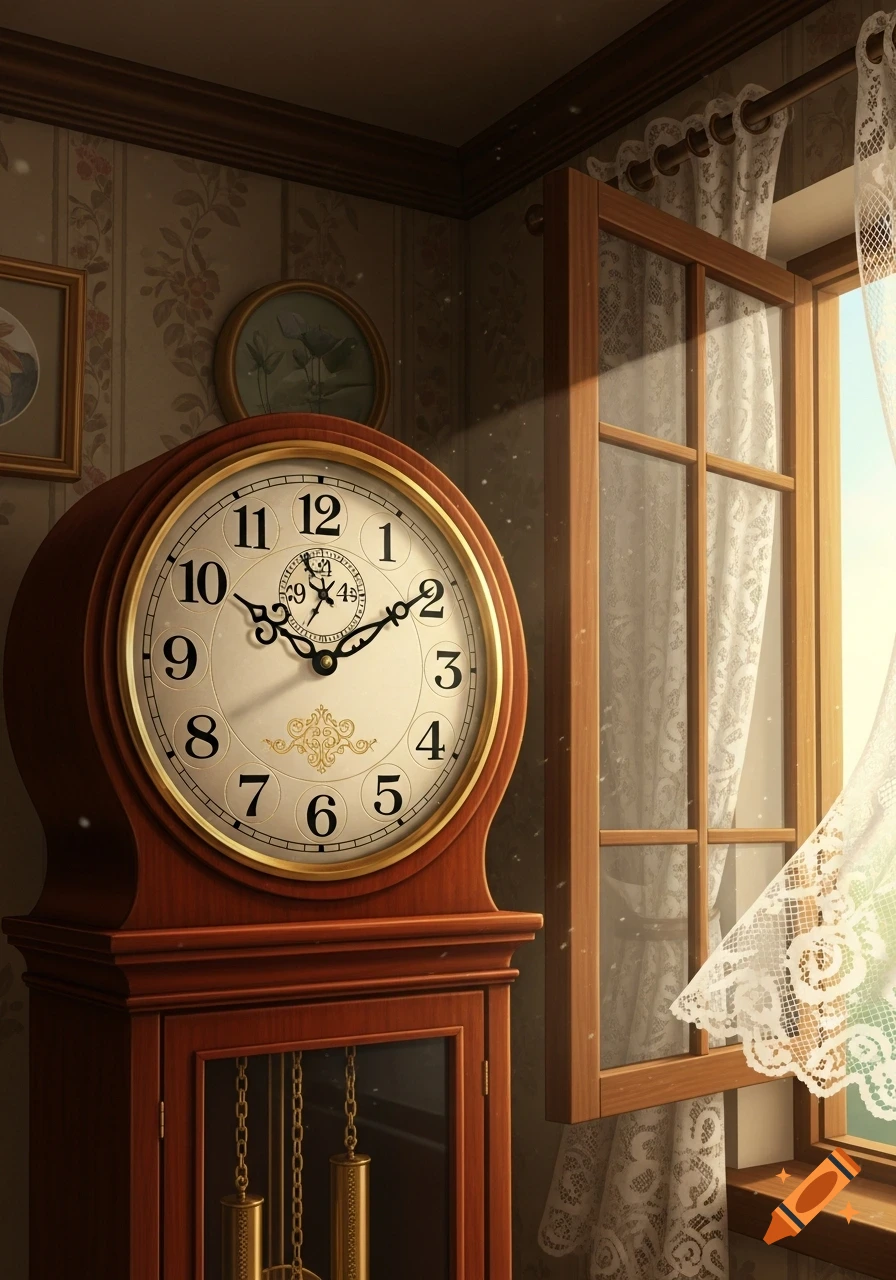An ornate wooden grandfather clock with a white face and gold trim stands near an open window with lace curtains, sunlight streaming in.