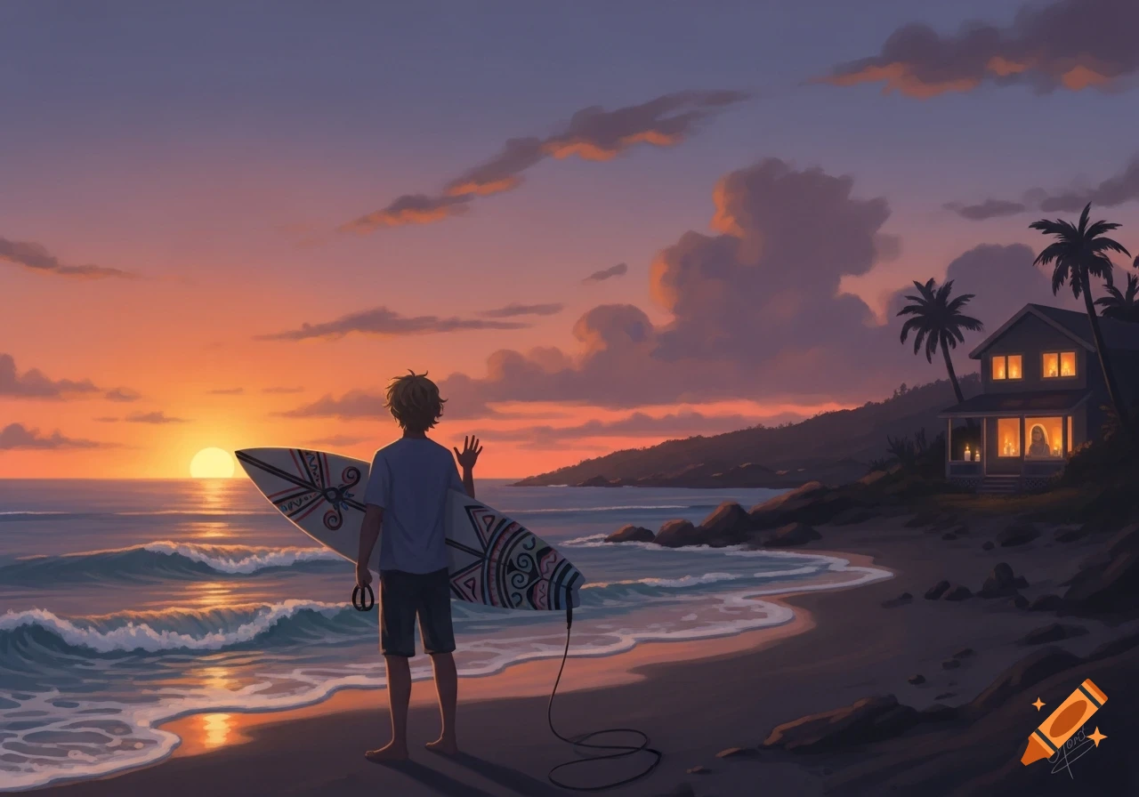 Anime-style image of a surfer dude holding a board, waving at a beach house during a vibrant sunset over the ocean.