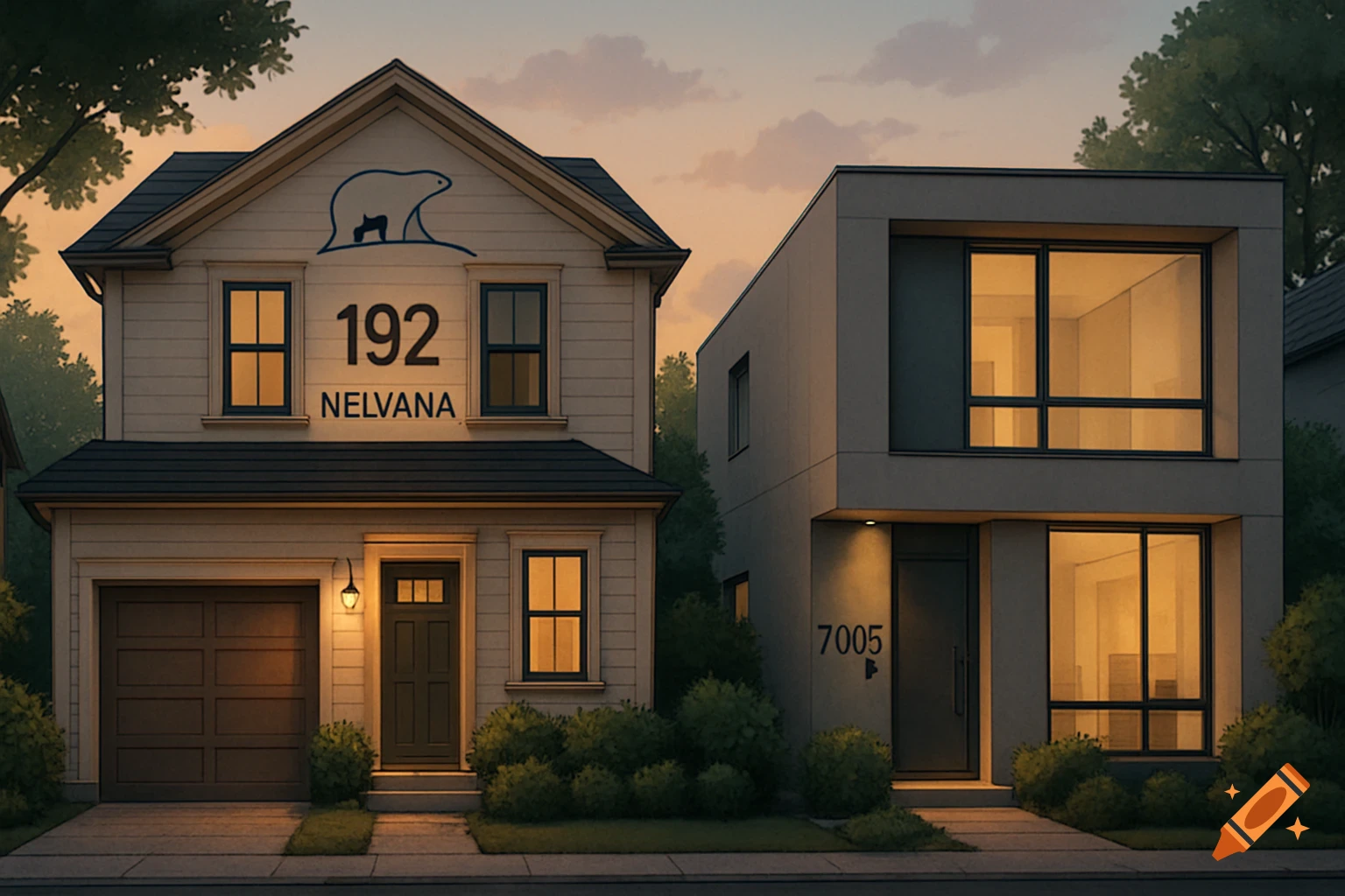 Two distinct houses side-by-side at dusk: a traditional white house with a polar bear logo and '192 NELVANA', next to a modern gray house with '7005'.