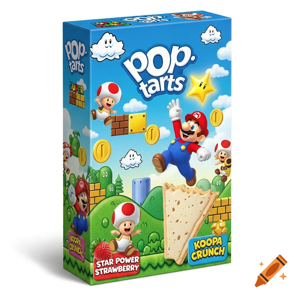 A Super Mario Pop-Tarts box with Mario and Toads jumping in a blue sky with clouds and coins, featuring "Star Power Strawberry" and "Koopa Crunch" flavors.