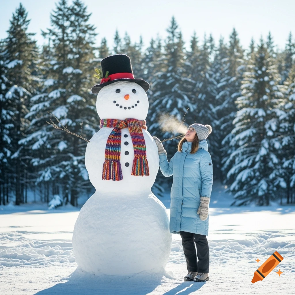 A person in a blue coat stands next to a large snowman in a snowy forest, with pine trees in the background.