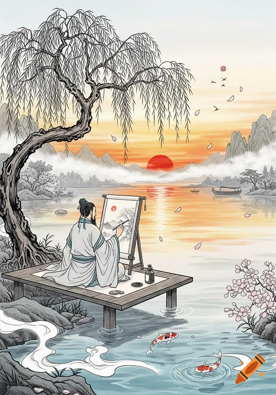 A stylized illustration in traditional Asian art style depicts a man in a robe painting a sunset landscape by a lake with a willow tree and koi fish.