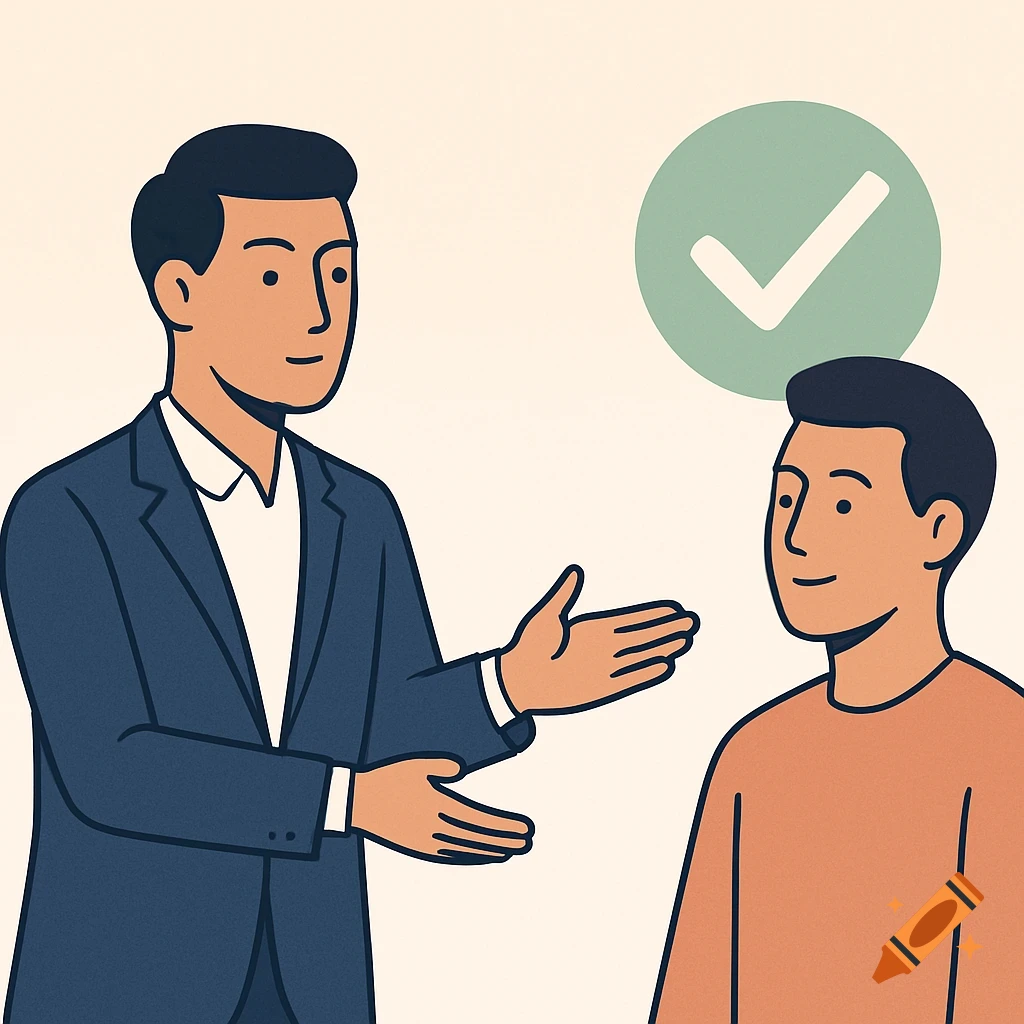 Flat vector illustration of a man in a suit gesturing to another man, with a green checkmark icon above them.