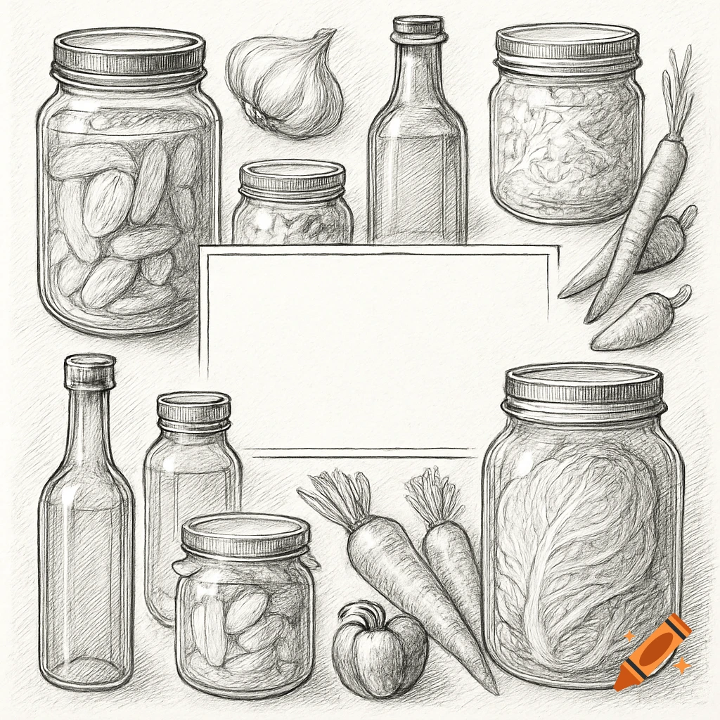 A black and white sketch collage featuring canning jars, bottles, garlic, carrots, and cabbage arranged around a blank text box.