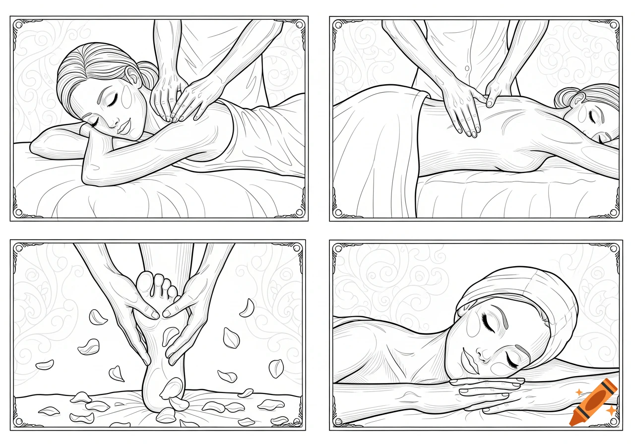 A four-panel coloring page illustrating a woman getting a shoulder, back, and foot massage, and a facial.