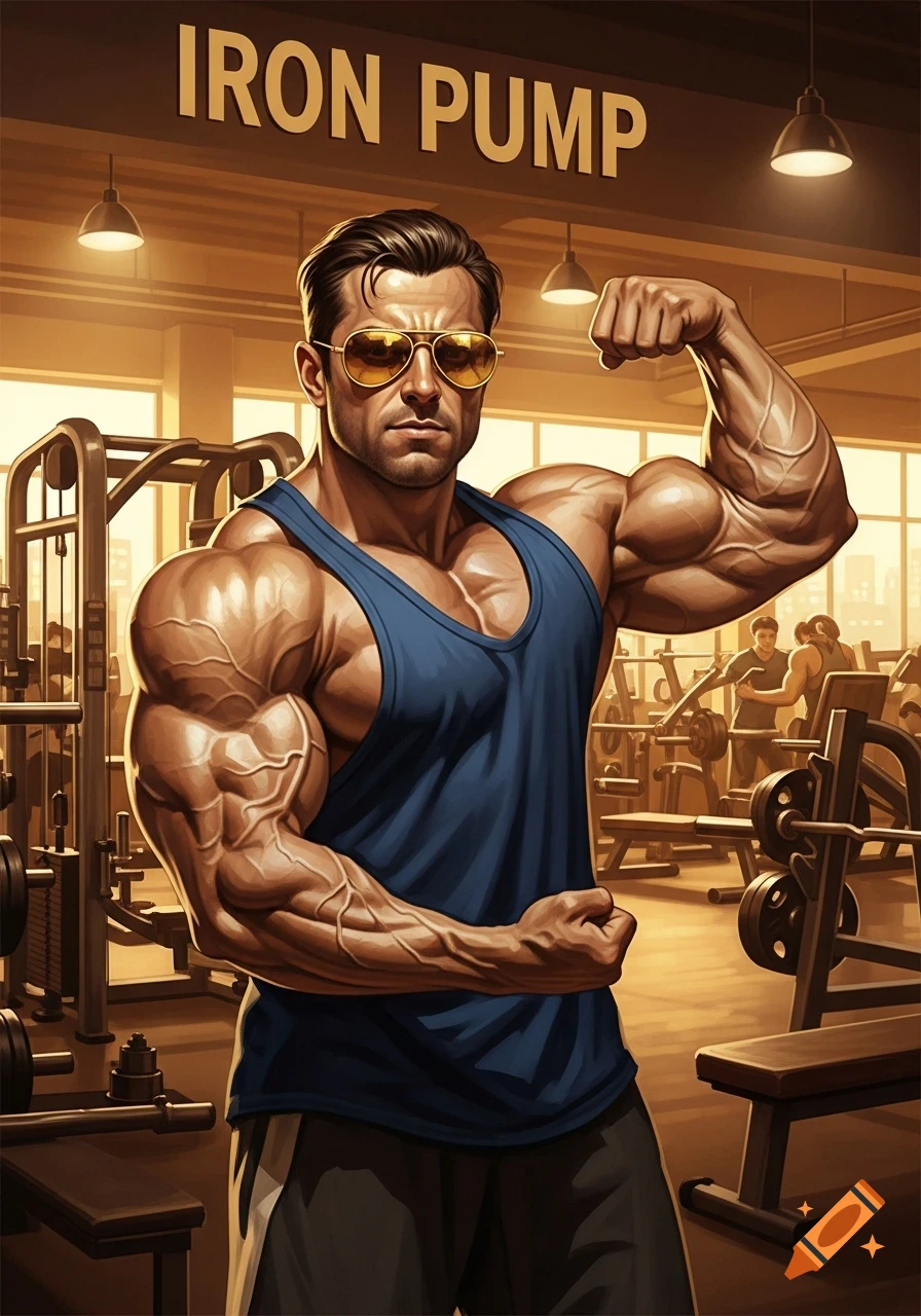 Muscular man in a blue tank top and yellow aviator sunglasses flexing his bicep in a gym, with 'IRON PUMP' text above.