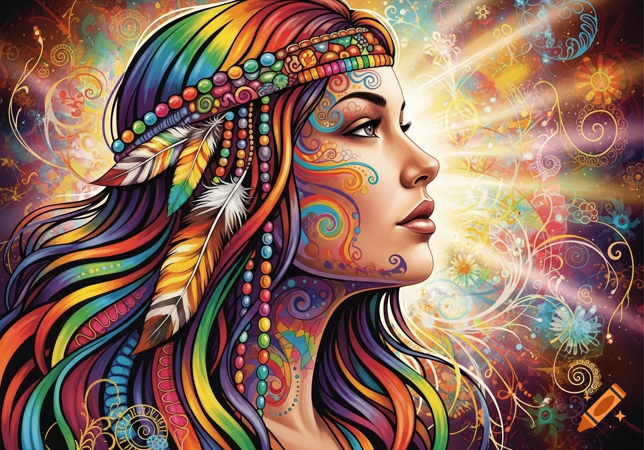 Psychedelic portrait of a woman in profile with vibrant rainbow hair, feathered headband, and colorful face paint.