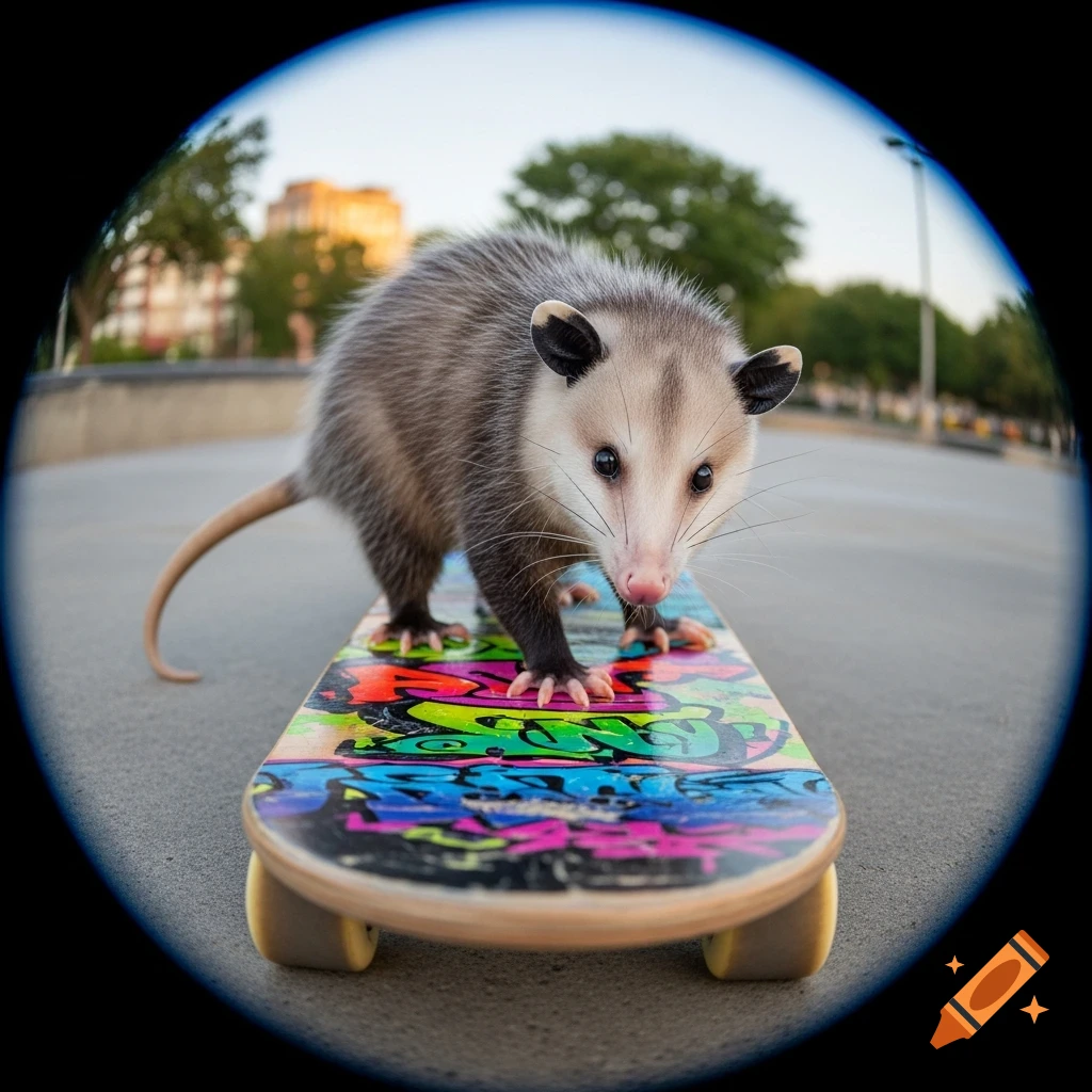 A cute opossum stands on a colorful skateboard at a skatepark, viewed through a wide-angle lens.