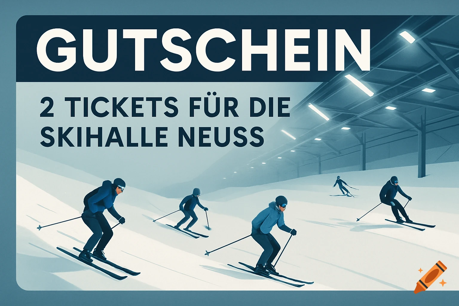 A voucher illustration with text 'Gutschein - 2 Tickets f r die Skihalle Neuss' over an indoor ski slope with skiers in a modern blue and white style.