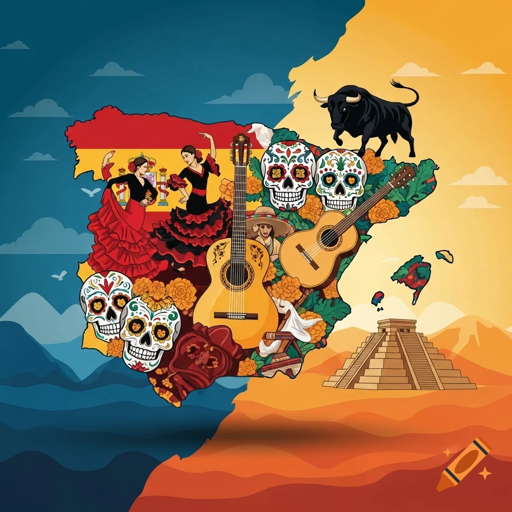 Stylized illustration of combined Spain and Mexico map, filled with flamenco dancers, sugar skulls, guitars, a bull, and a pyramid.