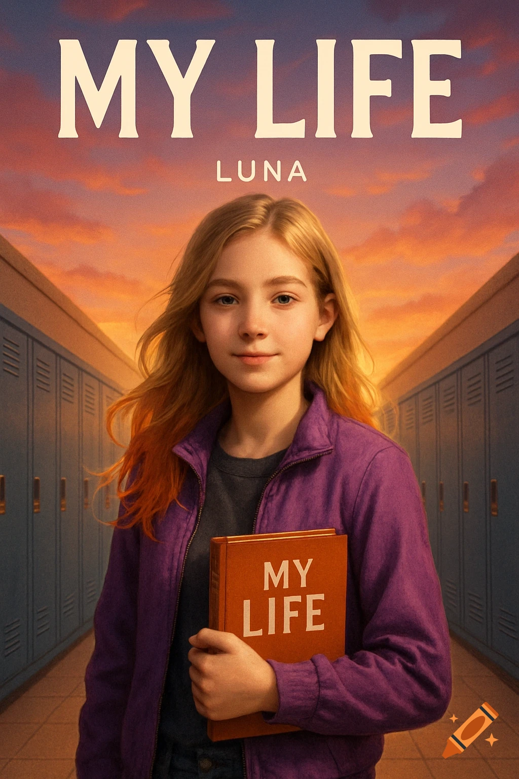 A young girl in a purple jacket holds a book titled 'My Life' in a school hallway with a sunset sky. Book cover illustration.