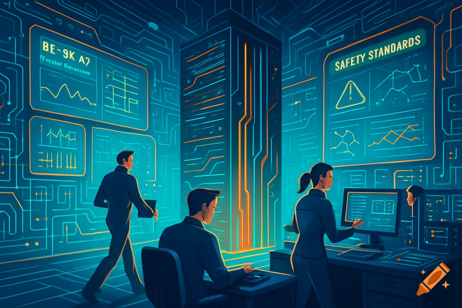 People working in a glowing blue and orange data center with circuit board patterns and screens displaying data and 'SAFETY STANDARDS'.