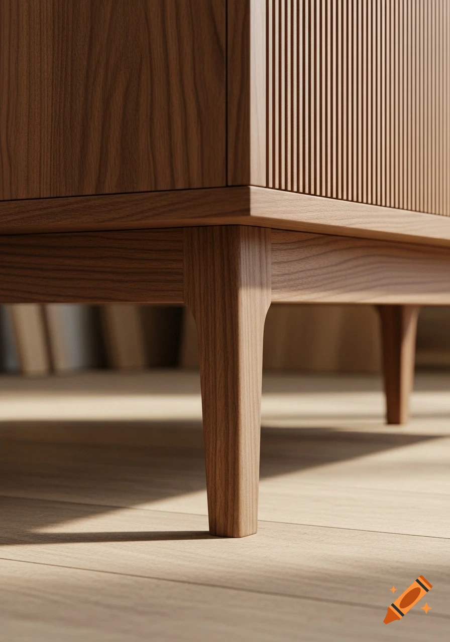 Close-up of a modern wooden sideboard base with tapered legs and fluted paneling, showing detailed wood grain.