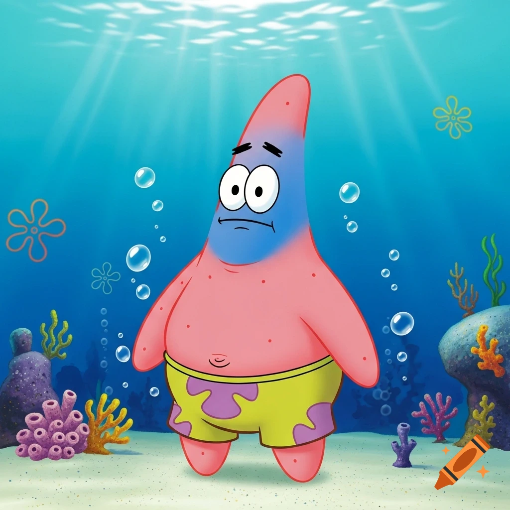 A cartoon Patrick Star underwater, with a blue upper face and no eyebrows, looking confused.