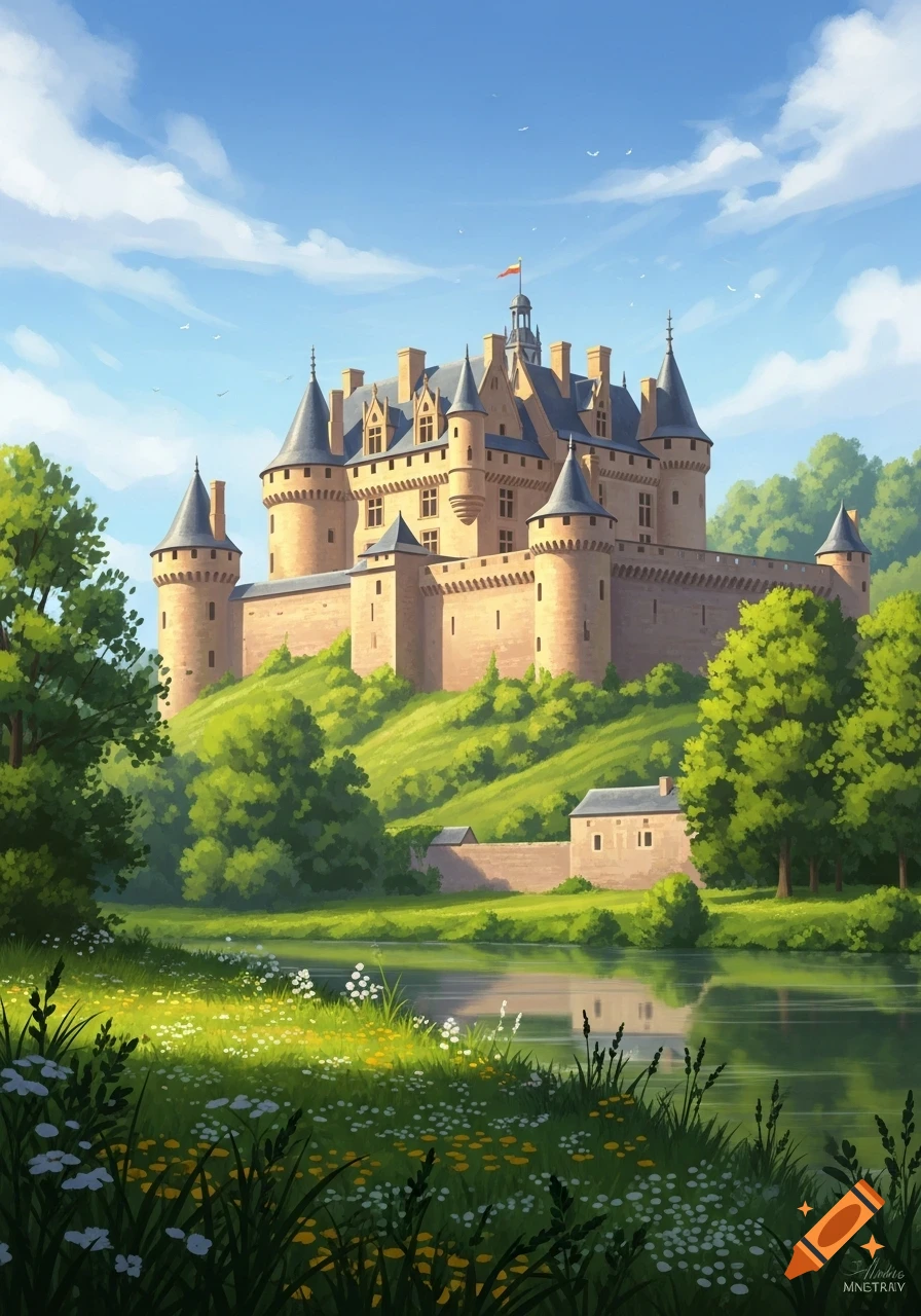 A vibrant painterly castle on a green hill, with a reflective lake in the foreground, surrounded by trees and wildflowers under a blue sky.