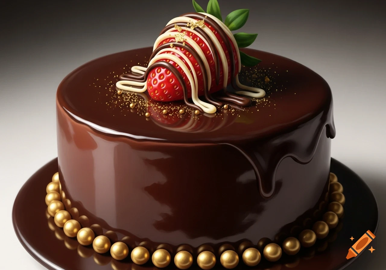 A photorealistic chocolate cake covered in glossy chocolate frosting, topped with a chocolate-drizzled strawberry, gold flakes, and surrounded by gold pearls.