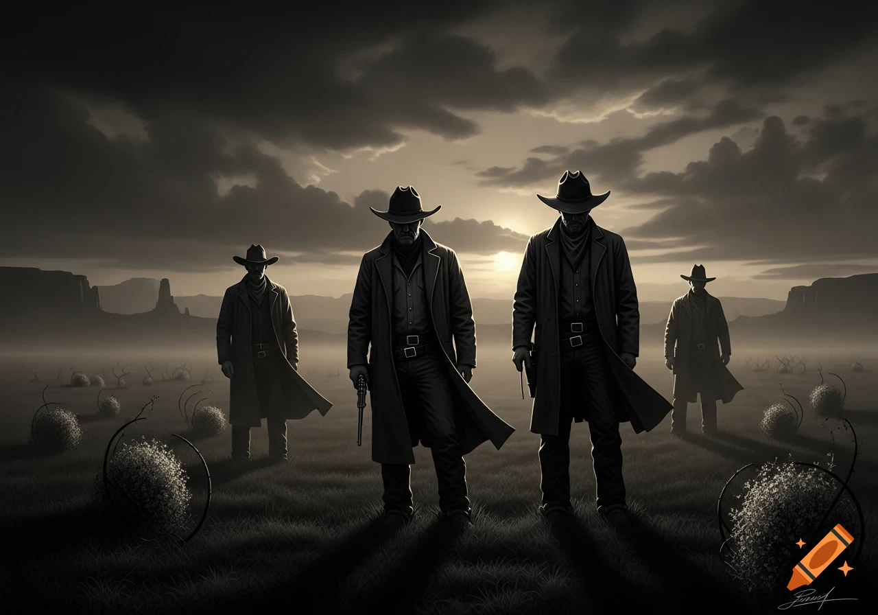 Four silhouetted cowboys stand with guns in a desolate, black and white Western landscape under a dramatic cloudy sky.