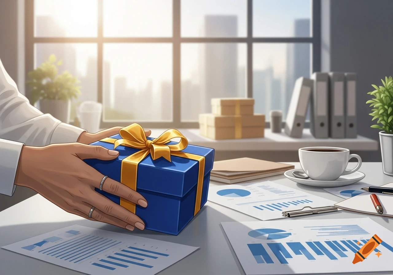 A person's hands holding a blue gift box with a gold ribbon over an office desk with charts, a coffee cup, and a cityscape visible through the window.