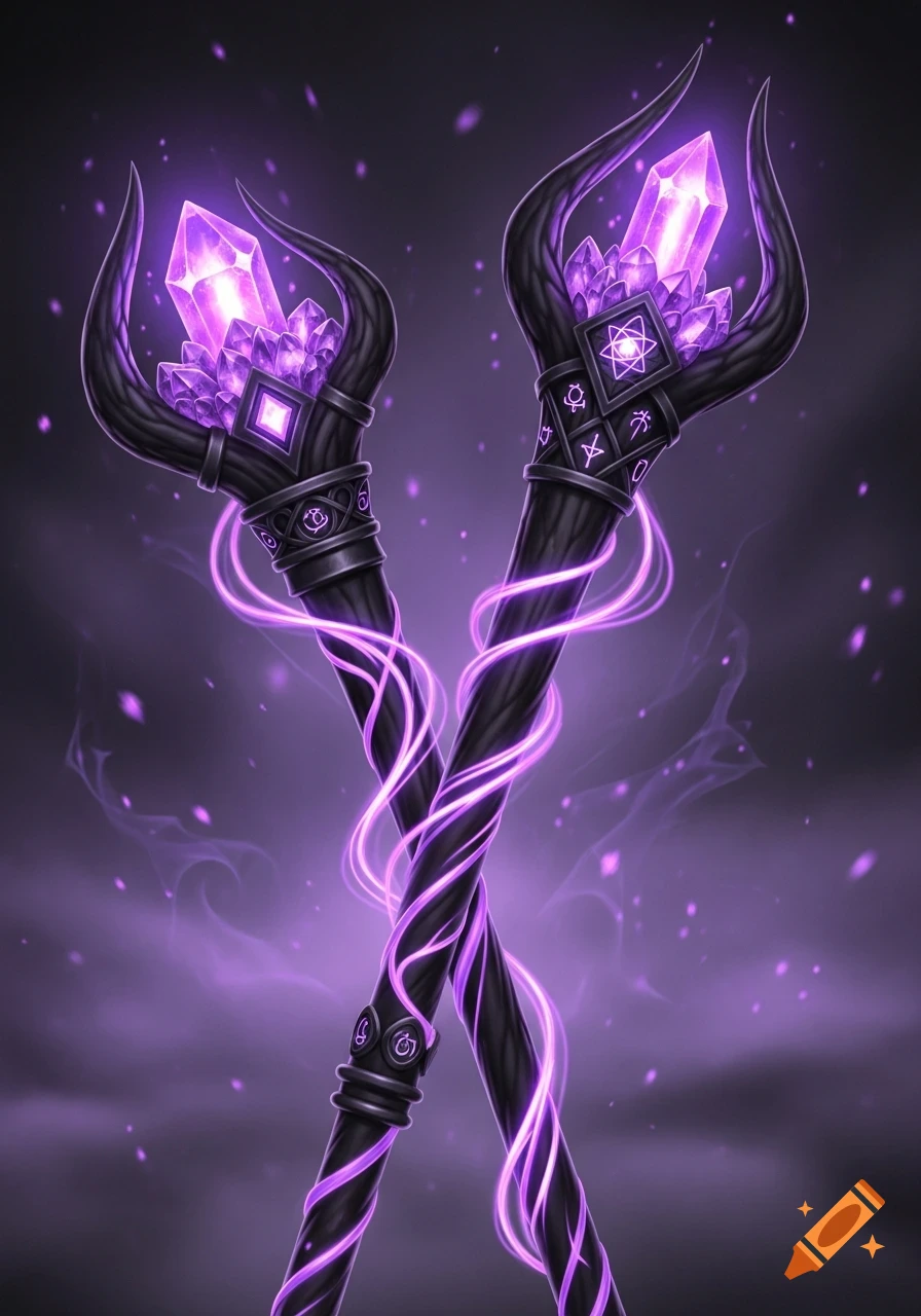 Two black magical staves with glowing purple crystals and spiraling energy, crossed against a dark purple background.