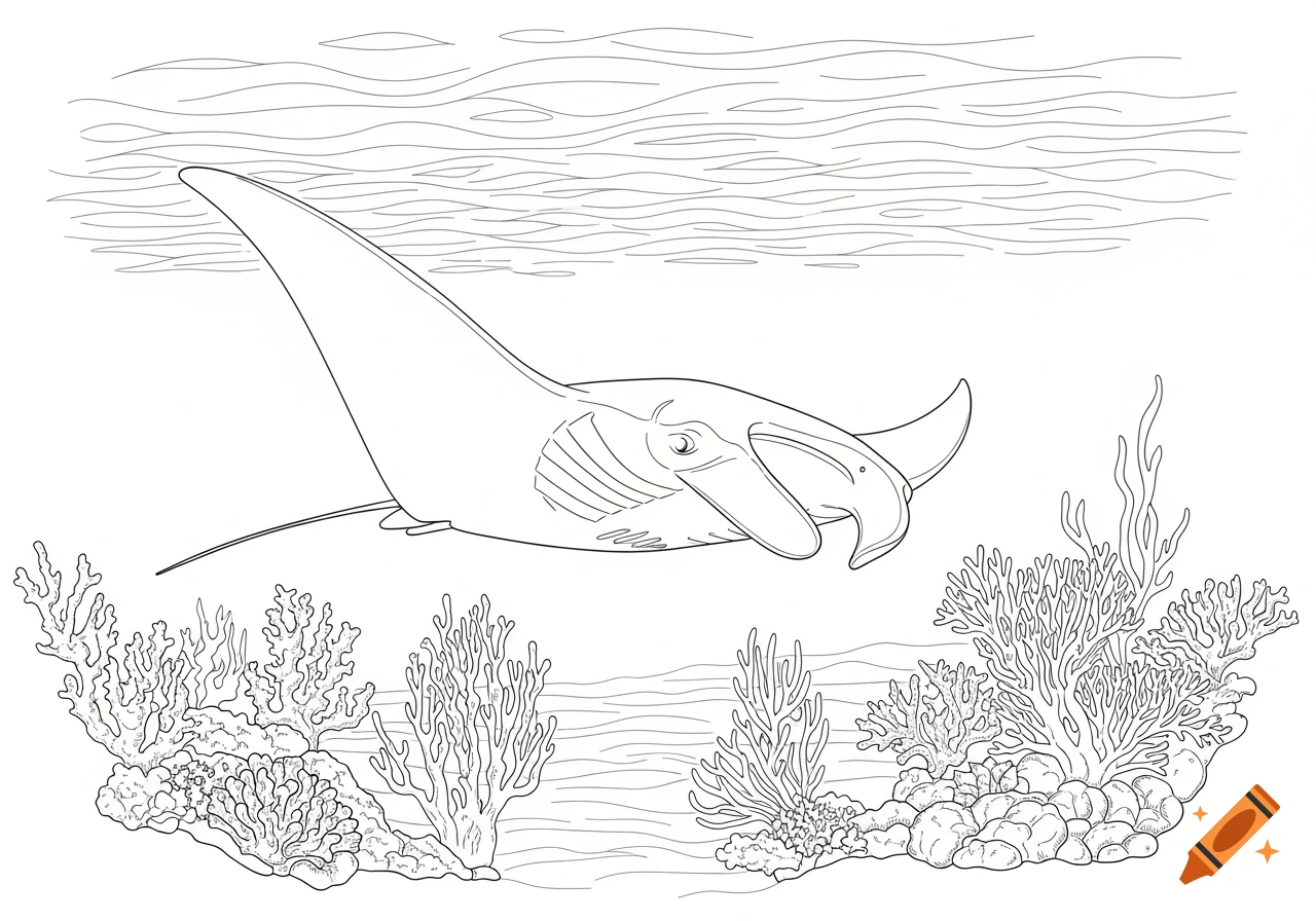 A line drawing of a manta ray swimming above coral reefs in an underwater scene.