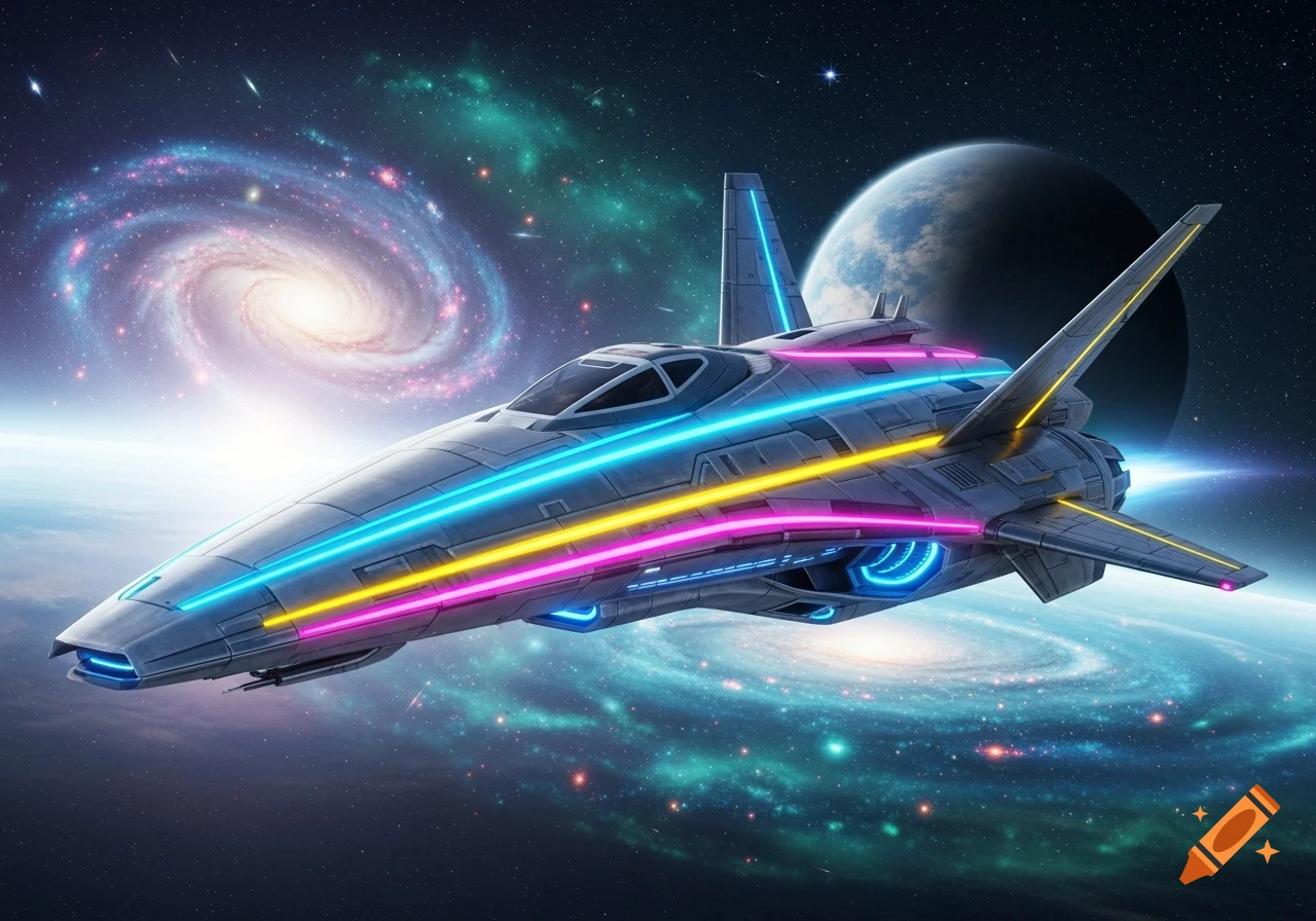 A sleek, futuristic spaceship with vibrant neon blue, yellow, and pink lights flies through deep space, with a spiral galaxy and a planet visible.