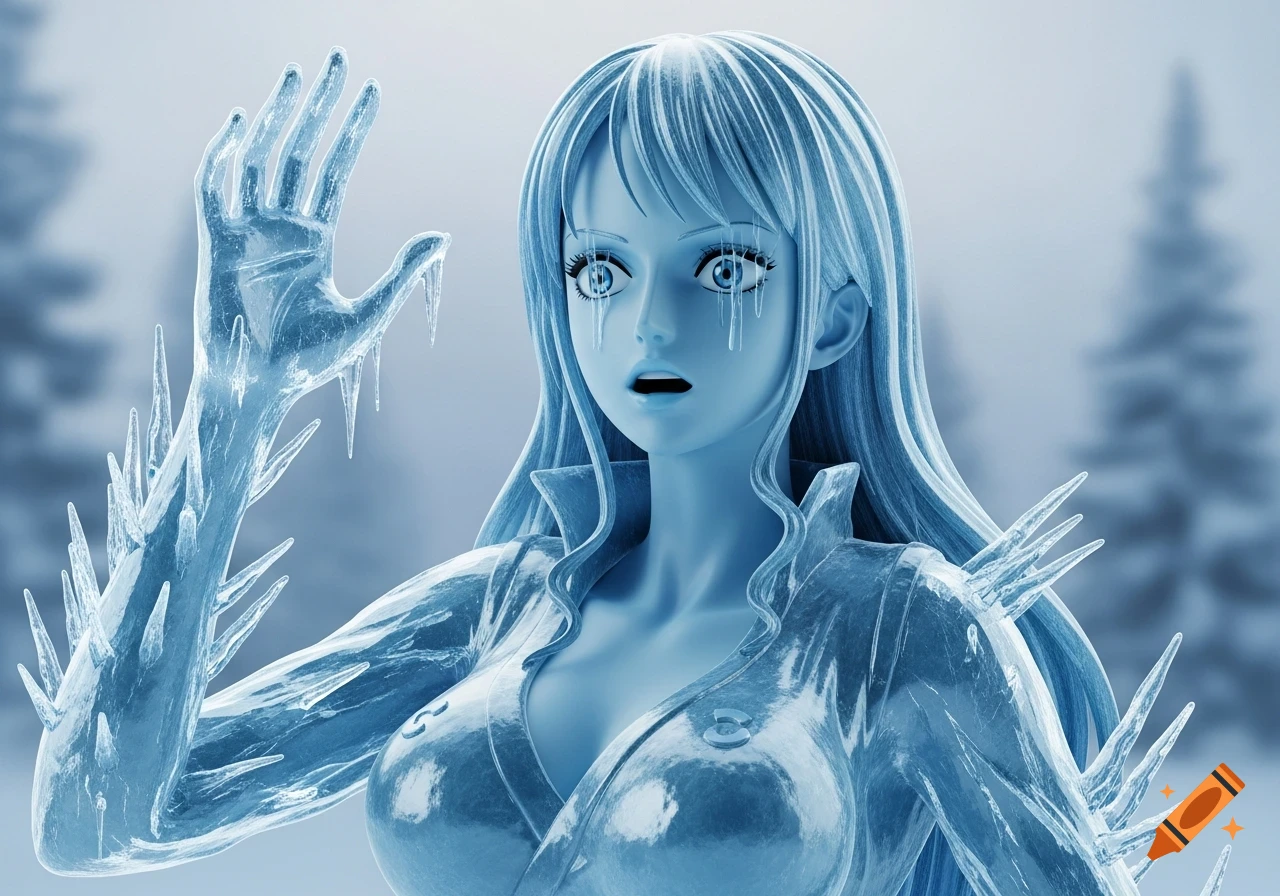 Nico Robin from One Piece as a surprised ice statue, with icicles on her face, hair, and body, in a frozen forest.