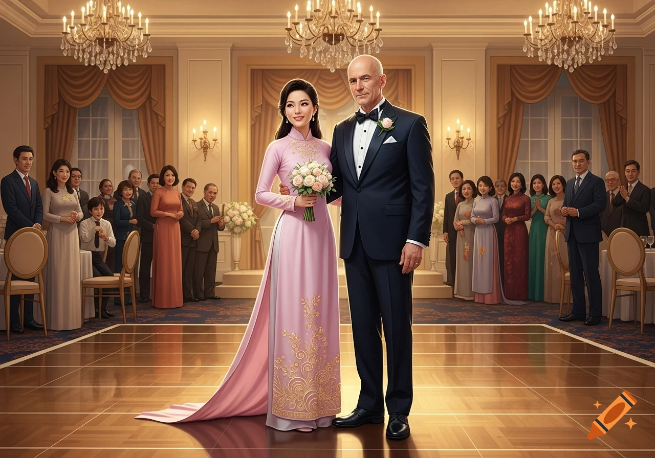A photorealistic image of a European man in a tuxedo and a Vietnamese woman in a pink ao dai holding a bouquet, posing in an elegant ballroom with guests.