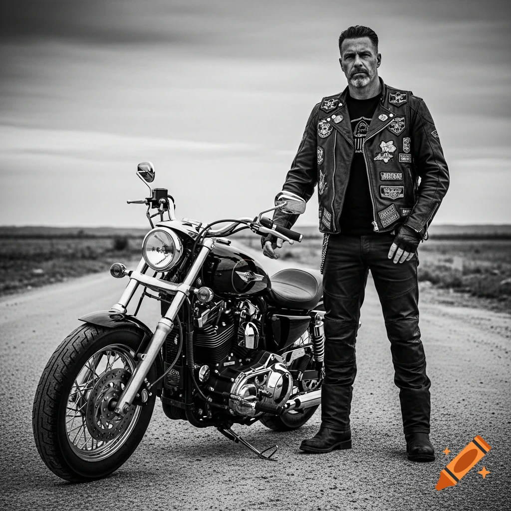 Black and white photo of a man in a leather biker jacket standing next to a motorcycle on a road.