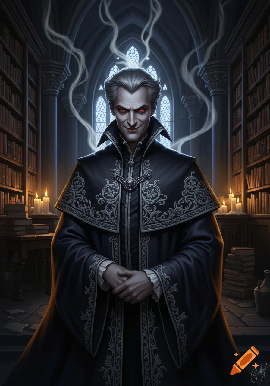 A sinister man with pale skin, red eyes, and gray hair, wearing a dark ornate robe, smirks in a gothic library with smoke around his head.