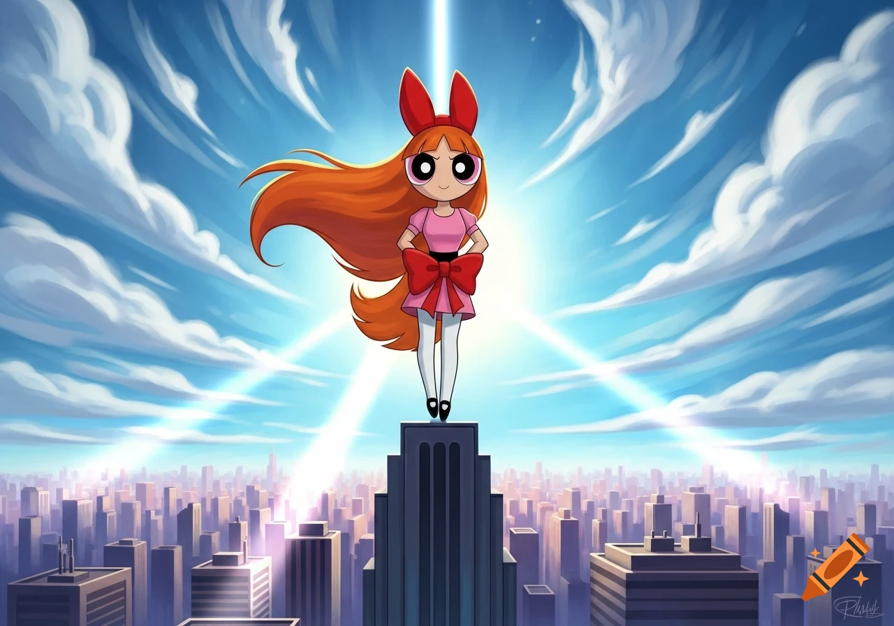 Blossom from Powerpuff Girls stands atop a skyscraper, looking over a city skyline with bright sunbeams, in a cartoon style.