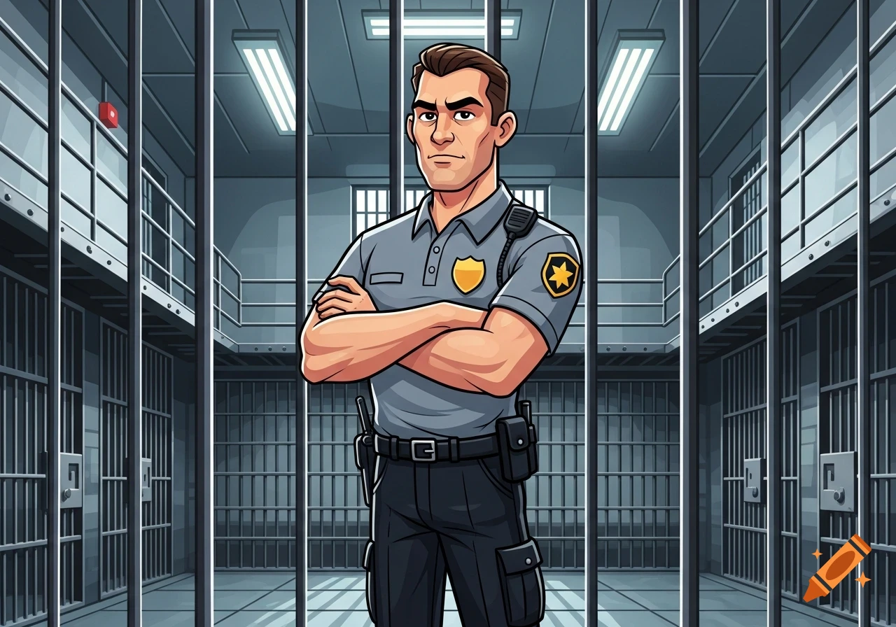 A cartoon corrections officer with arms crossed, wearing a gray polo shirt and black cargo pants, standing in a prison hallway.
