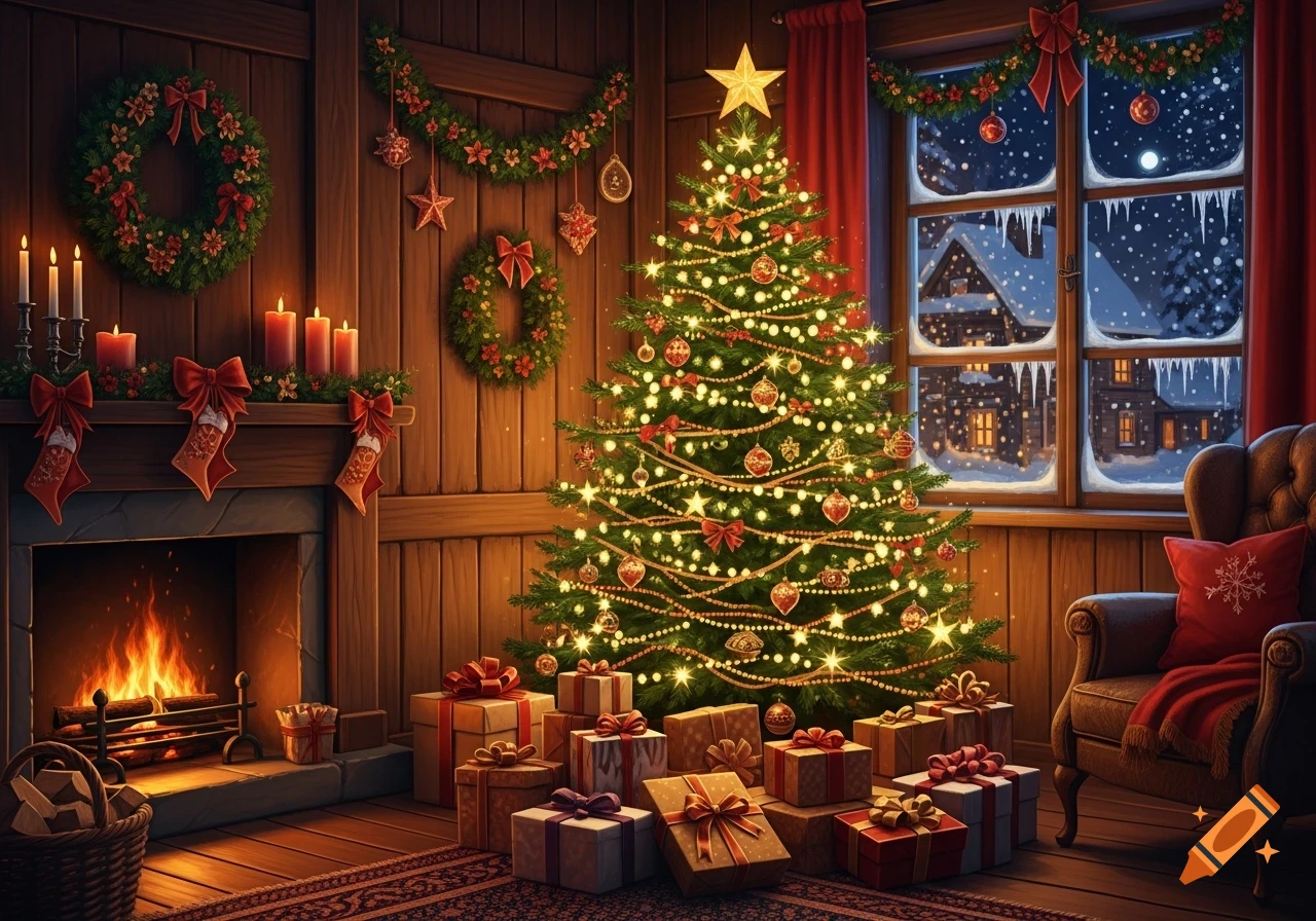 A cozy Christmas living room with a brightly lit tree, many wrapped presents, a crackling fireplace, and a snowy window.