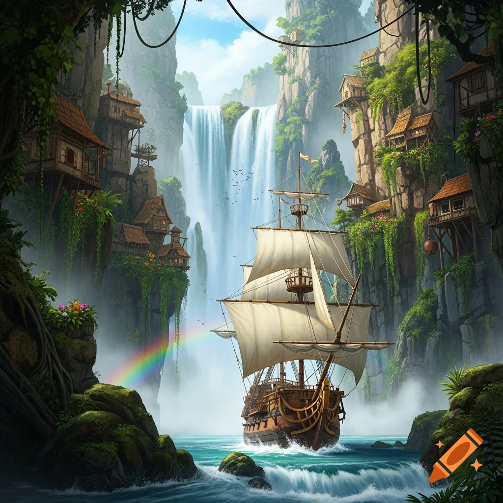 A pirate ship sails through a huge jungle waterfall, surrounded by cliffs with wooden houses and lush plants. A rainbow arcs.